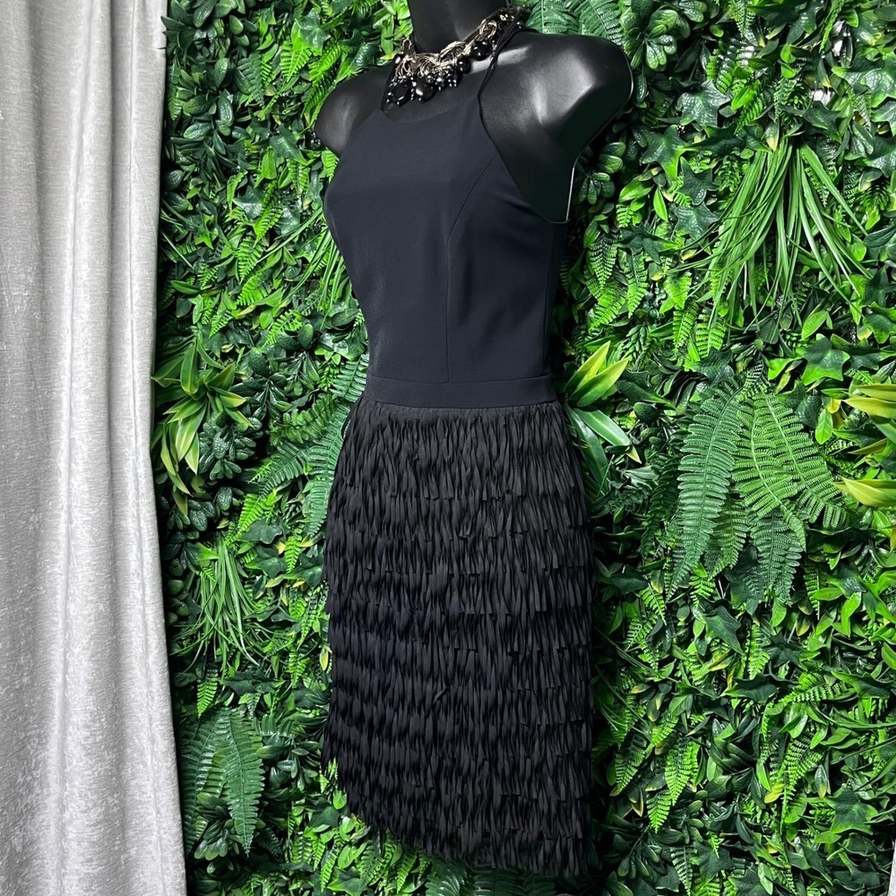 Aidan Mattox Dress Women 0 Black Fringe High Neck Cocktail Party Dress 2835
